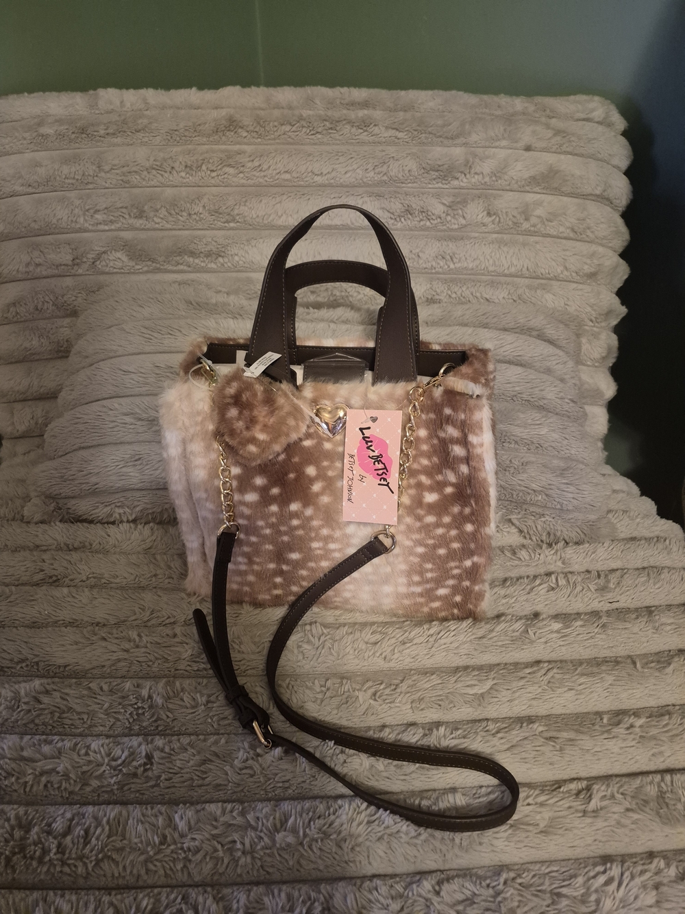 BETSEY JOHNSON LSBIAN FAUX FUR DEER/FAWN PRINT TOTE-SHOULDER BAG